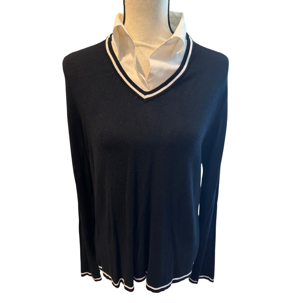 ⭐️ WomenNotations Petite Blavk Sweater W/ White Shirt Collar Size Large Petite